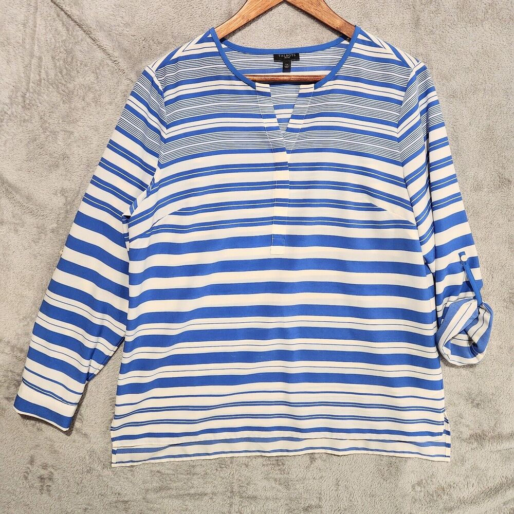 Talbots Blue White Striped Semi Sheer Split Neck Roll Tab Sleeve Blouse Size LP
